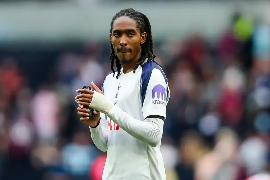 Djed Spence in action for Tottenham, linked with a Manchester United move after the World Cup